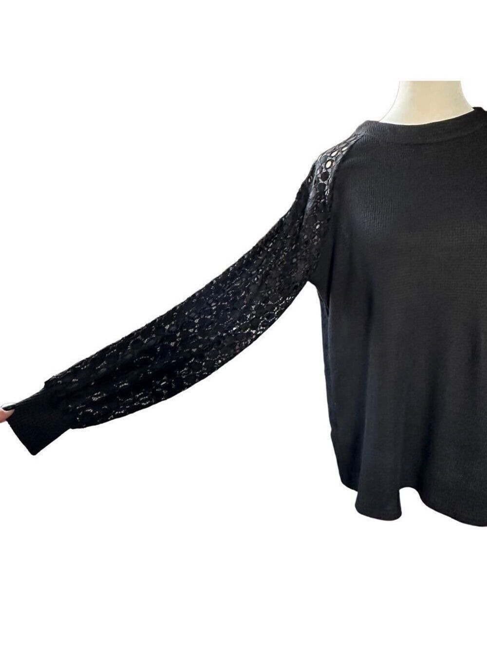 MIHOLL Lace Balloon Sleeve Casual Knit Mock Neck Top Size Medium - Picture 7 of 12